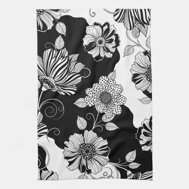 Chic Monochrome Floral Luxury Pattern (4) Tea Towel (Vertical)