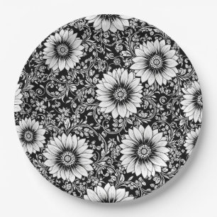 Chic Monochrome Floral Luxury Pattern (5) Paper Plate