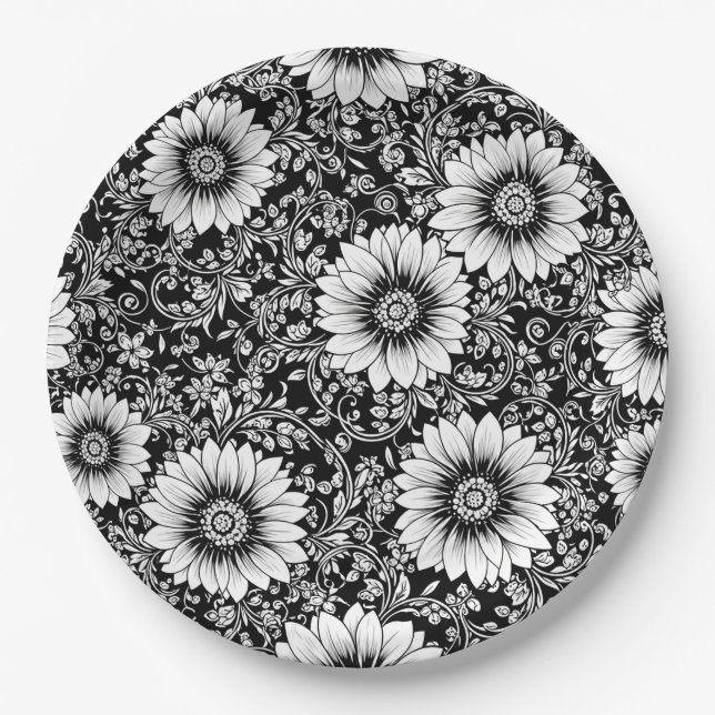 Chic Monochrome Floral Luxury Pattern (5) Paper Plate (Front)