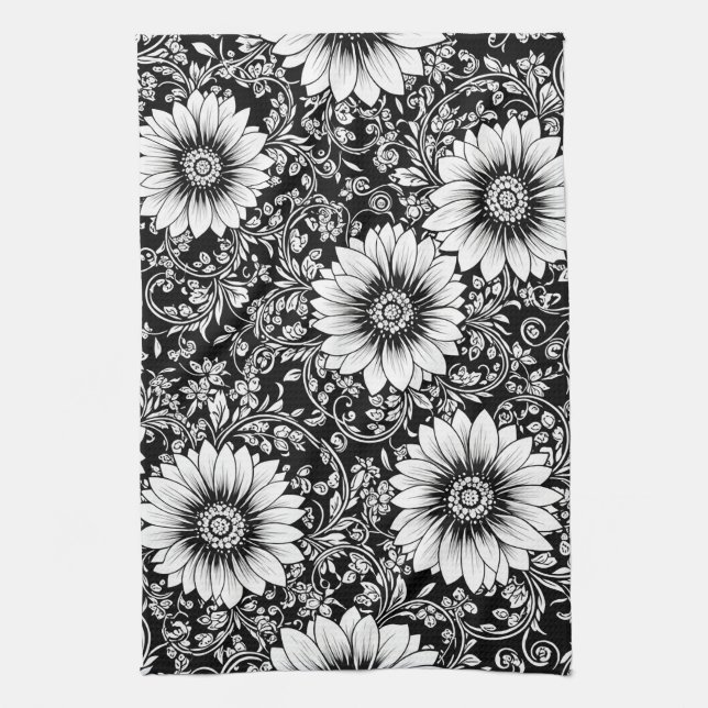 Chic Monochrome Floral Luxury Pattern (5) Tea Towel (Vertical)