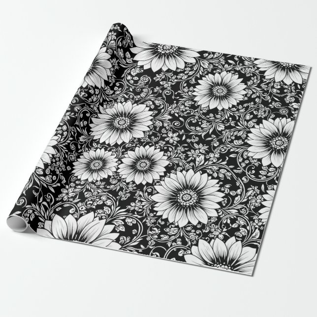 Chic Monochrome Floral Luxury Pattern (5) Wrapping Paper (Unrolled)