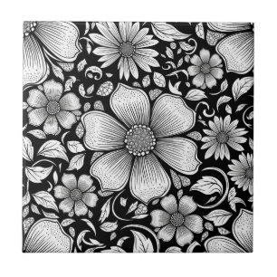 Chic Monochrome Floral Luxury Pattern (6) Ceramic Tile