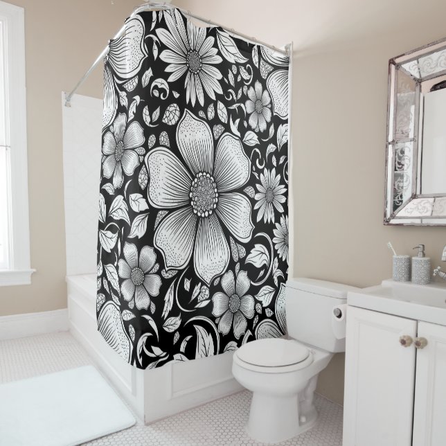Chic Monochrome Floral Luxury Pattern (6) Shower Curtain (In Situ)