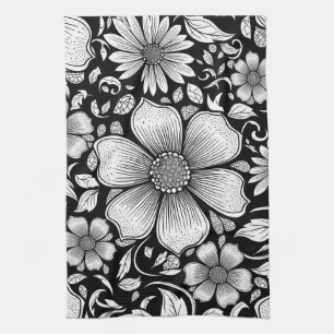 Chic Monochrome Floral Luxury Pattern (6) Tea Towel