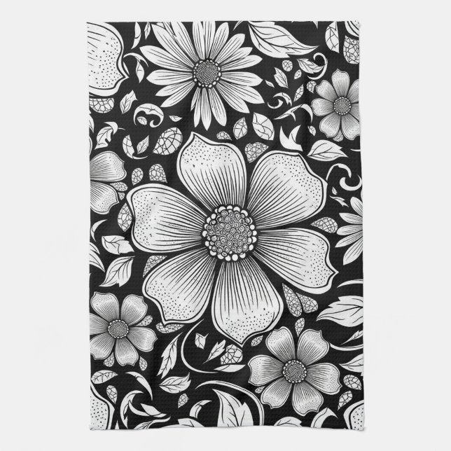 Chic Monochrome Floral Luxury Pattern (6) Tea Towel (Vertical)