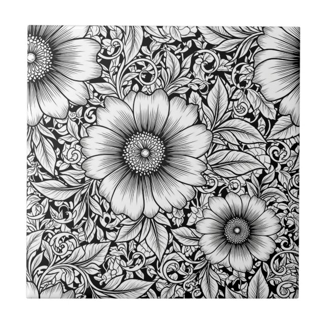 Chic Monochrome Floral Luxury Pattern (7) Ceramic Tile (Front)