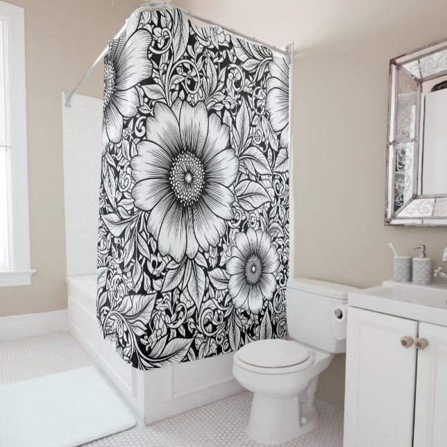 Chic Monochrome Floral Luxury Pattern (7) Shower Curtain (In Situ)