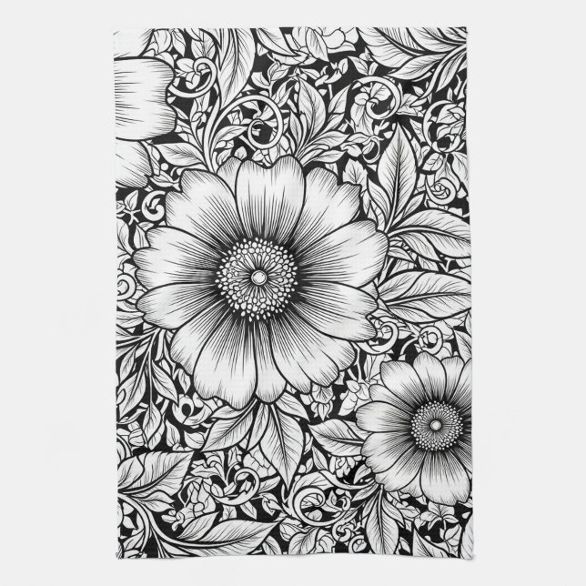 Chic Monochrome Floral Luxury Pattern (7) Tea Towel (Vertical)