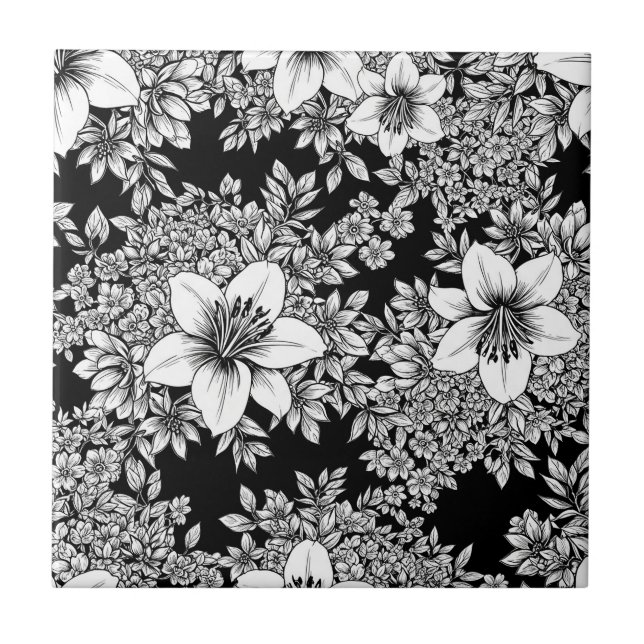 Chic Monochrome Floral Luxury Pattern (8) Ceramic Tile (Front)