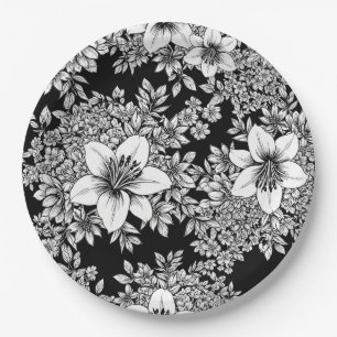 Chic Monochrome Floral Luxury Pattern (8) Paper Plate
