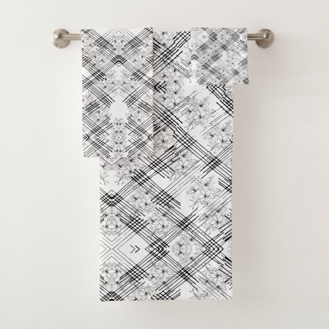 Chic Monochrome Flowers and stripes Bath Towel Set (Insitu)
