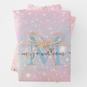 Chic Monogram 3 Colour Glitter Pink  Wrapping Paper Sheet