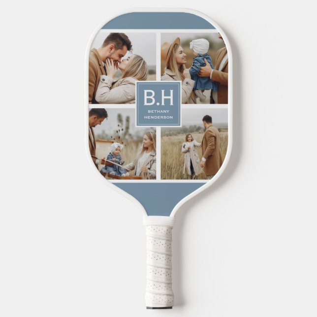 Chic Monogram 4 Photo Collage Pickleball Paddle (Front)