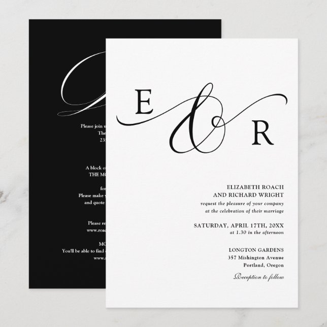 Chic Monogram All In One Black And White Wedding Invitation (Front/Back)