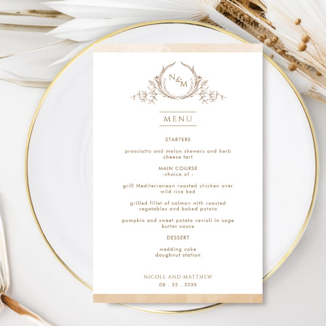 Chic Monogram Beige Cream Watercolor Wedding Menu (Creator Uploaded)