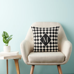 Chic Monogram Black Cream Chequered Pattern Cushion