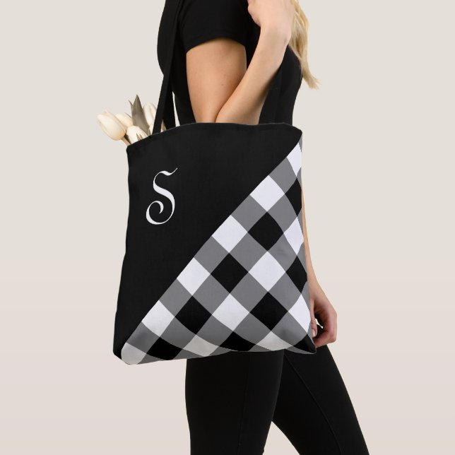 Chic Monogram Black White Buffalo Check Geometric Tote Bag (Close Up)