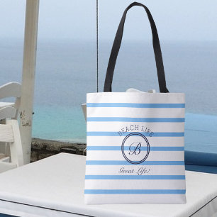 Chic Monogram Blue and White Striped Beach Life Tote Bag