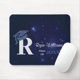 Chic Monogram Blue Glitter Cap Graduation Party Mouse Pad