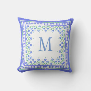 Chic Monogram Blue Periwinkles Floral Border Cushion