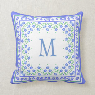 Chic Monogram Blue Periwinkles Floral Border Cushion