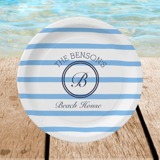 Chic Monogram Blue Stripes Family Beach House Paper Plate