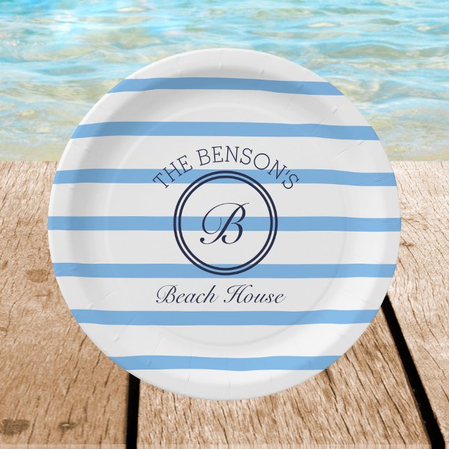 Chic Monogram Blue Stripes Family Beach House Paper Plate (Creator Uploaded)