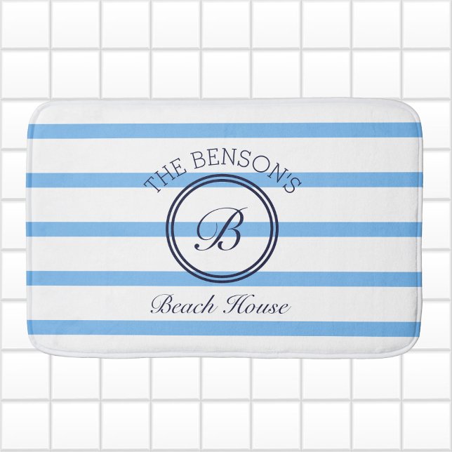 Chic Monogram Blue Stripes Family Name Beach House Bath Mat (Creator Uploaded)