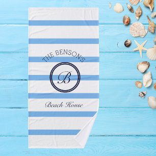 Chic Monogram Blue Stripes Family Name Beach House Bath Towel Set