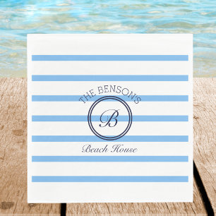 Chic Monogram Blue Stripes Family Name Beach House Napkin
