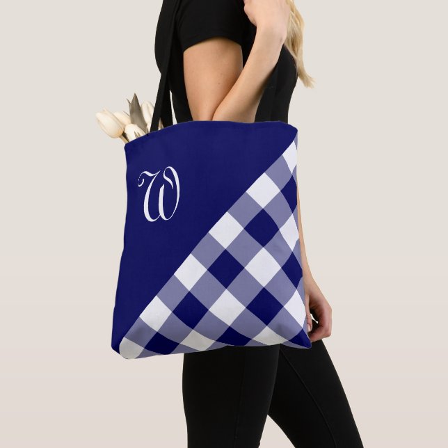 Chic Monogram Blue White Buffalo Check Geometric Tote Bag (Close Up)