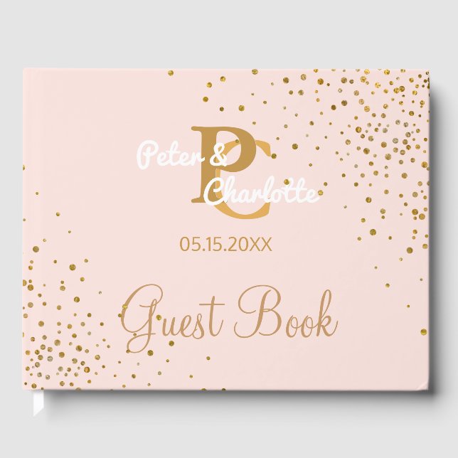 Chic Monogram | Blush Pink Gold Confetti Wedding Guest Book (Front)