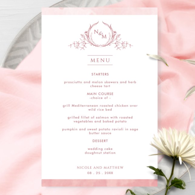 Chic Monogram Blush Pink Watercolor Wedding Menu (Creator Uploaded)
