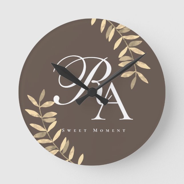 Chic Monogram Brown Round Clock (Front)