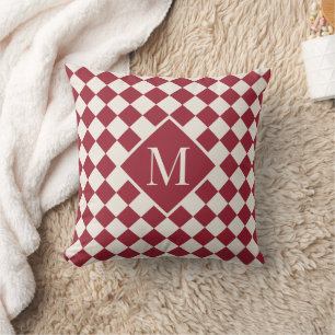 Chic Monogram Burgundy Red Cream Chequered Pattern Cushion