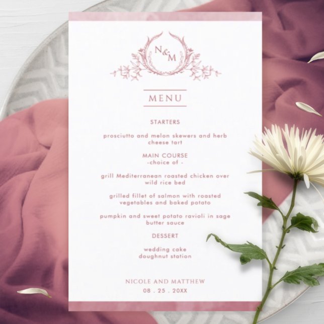 Chic Monogram Burgundy Watercolor Wedding Menu (Creator Uploaded)