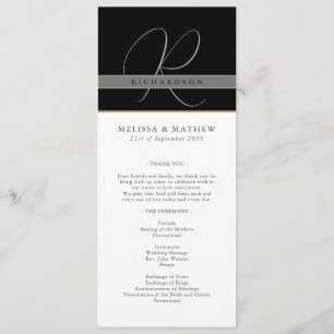 Chic Monogram Charcoal Black White Wedding Program
