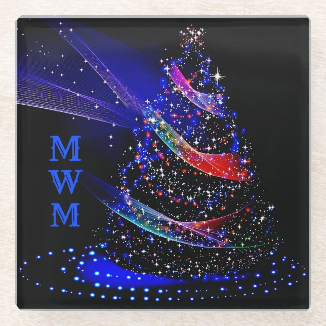 Chic Monogram Colours Glitter Christmas Tree Navy  Glass Coaster (Front)