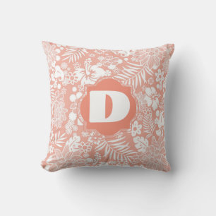 Chic Monogram coral floral Throw Pillow