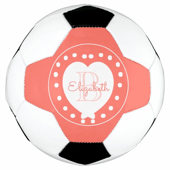 Chic Monogram Coral Girly White Heart Template Soccer Ball (Front)