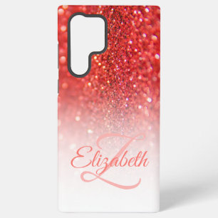 Chic Monogram Coral Glitter Ombre First Name Samsung Galaxy Case