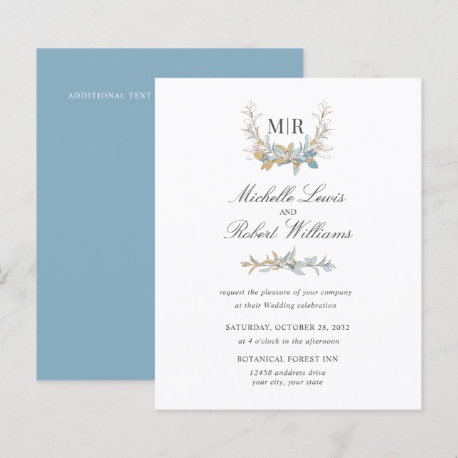 Chic Monogram  Crest Gold and blue floral Wedding (Front/Back)