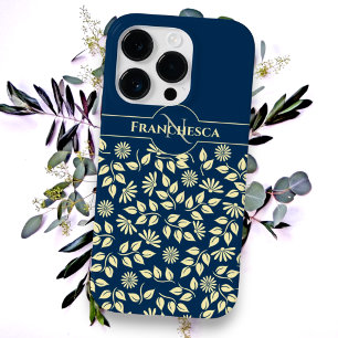 Chic Monogram Custom Name Leaves Daisies Blue Case-Mate iPhone 14 Pro Max Case