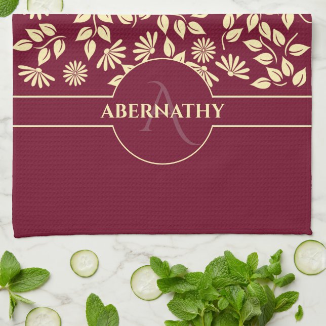 Chic Monogram Custom Name Leaves Daisies Burgundy Tea Towel (Folded)