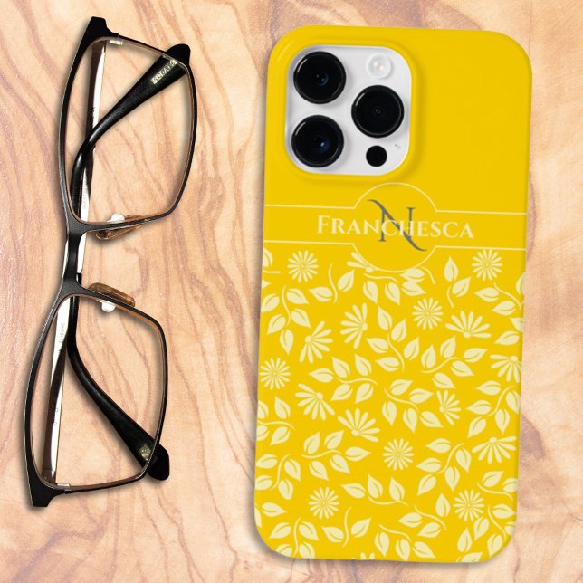 Chic Monogram Custom Name Leaves Daisies Yellow Case-Mate iPhone Case (Creator Uploaded)