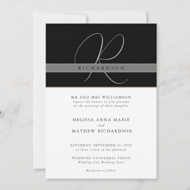 Chic Monogram Elegant Classic Black White Wedding Invitation (Front)