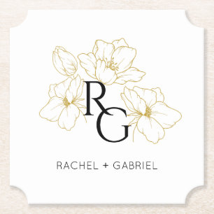 Chic Monogram Faux Gold Floral Wedding Paper Coaster
