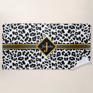 Chic Monogram Faux Gold on Animal Print Beach Towel
