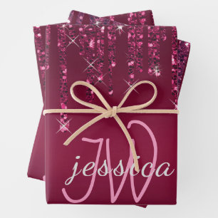 Chic Monogram Girly Hot Pink Glitter Drips Wrapping Paper Sheet