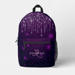 Chic Monogram Girly Hot Purple Glitter Drips Printed Backpack
